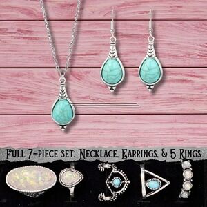 Teardrop‎ Boho Turquoise Jewelry Set 7Pc Necklace Earring Ring Statement Western
